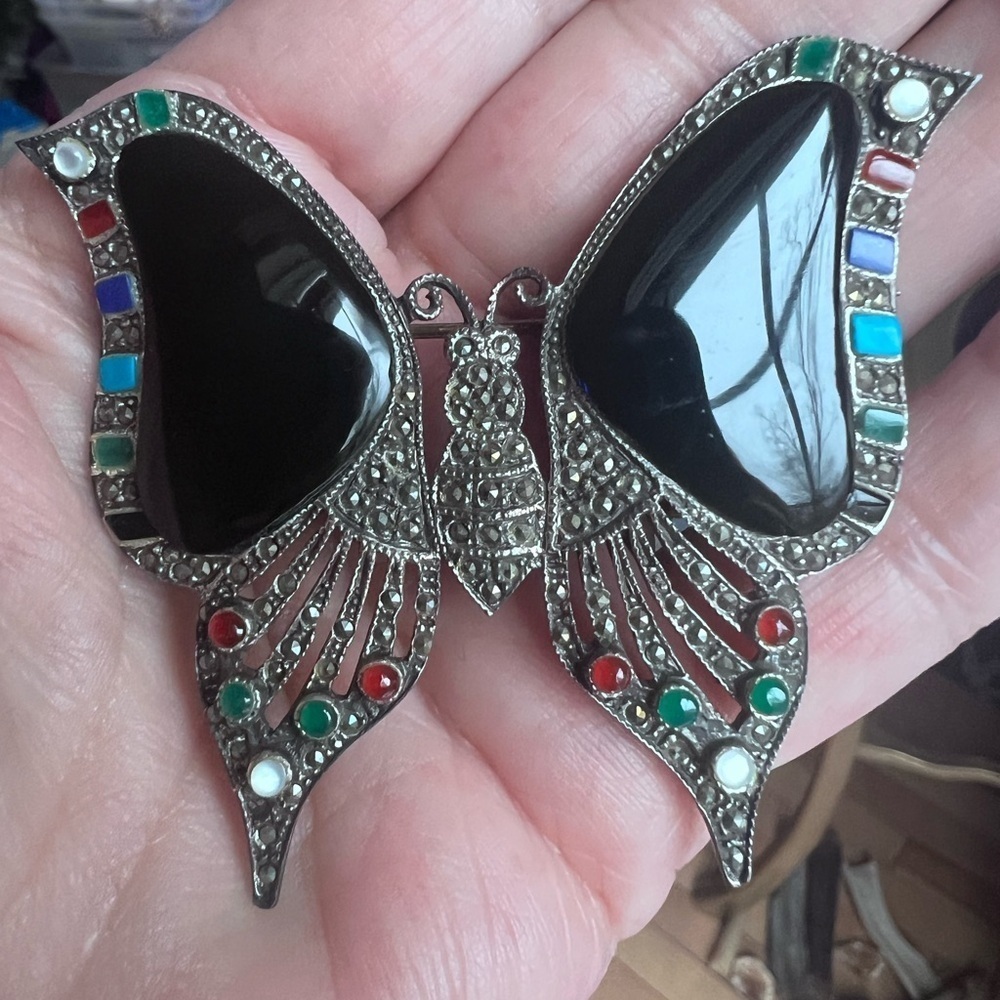 Vintage Stirling siver Black Onyx Butterfly Brooch signed 925